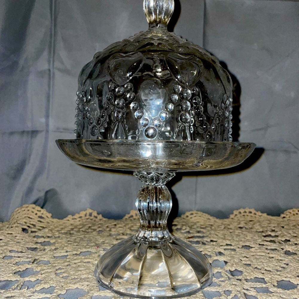 Clear glass 5” cupcake cake stand and dome patterned vintage rare